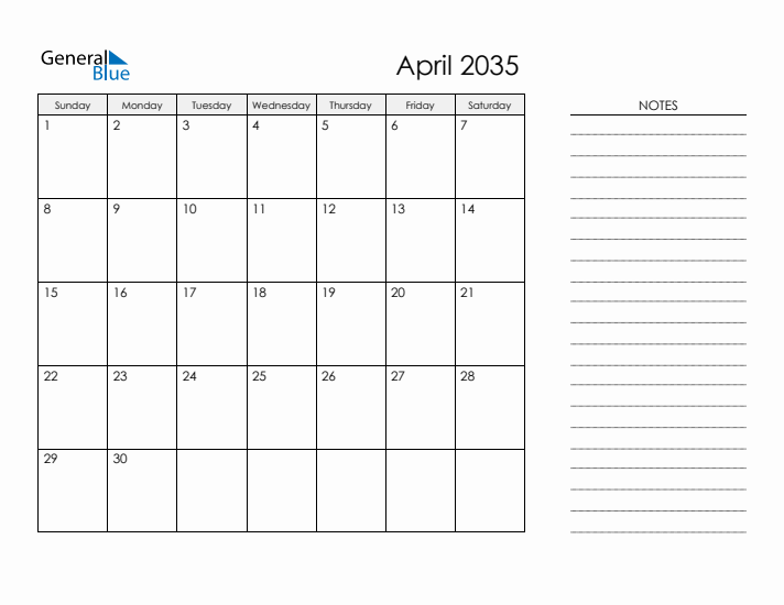 Printable Monthly Calendar with Notes - April 2035