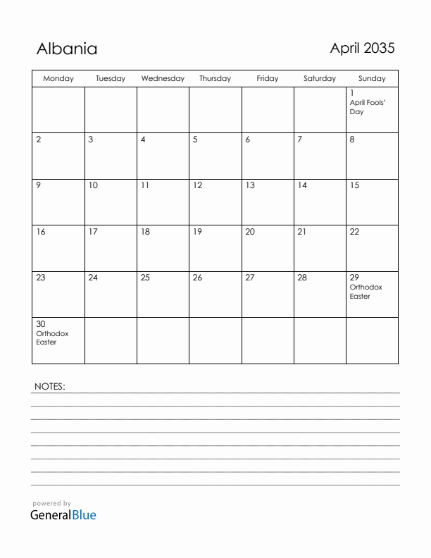 April 2035 Albania Calendar with Holidays (Monday Start)
