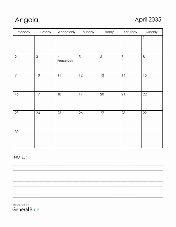 April 2035 Angola Calendar with Holidays (Monday Start)
