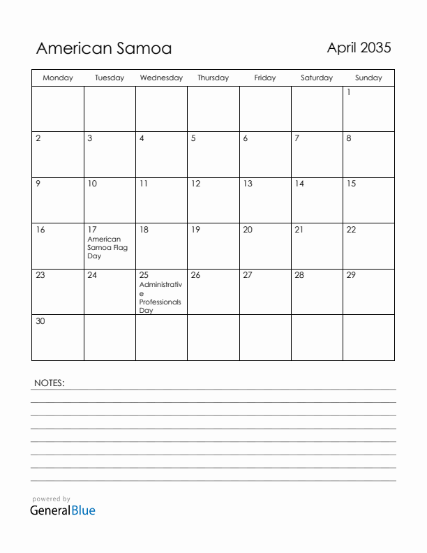 April 2035 American Samoa Calendar with Holidays (Monday Start)