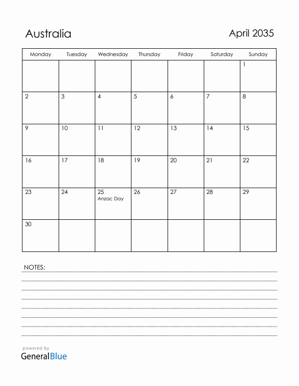 April 2035 Australia Calendar with Holidays (Monday Start)