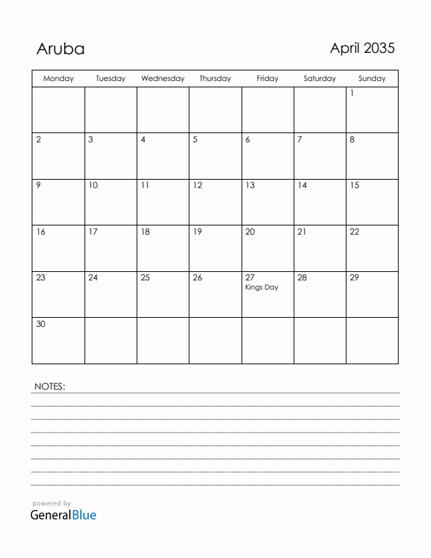 April 2035 Aruba Calendar with Holidays (Monday Start)