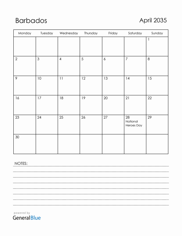 April 2035 Barbados Calendar with Holidays (Monday Start)