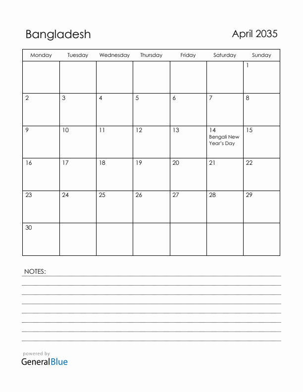 April 2035 Bangladesh Calendar with Holidays (Monday Start)