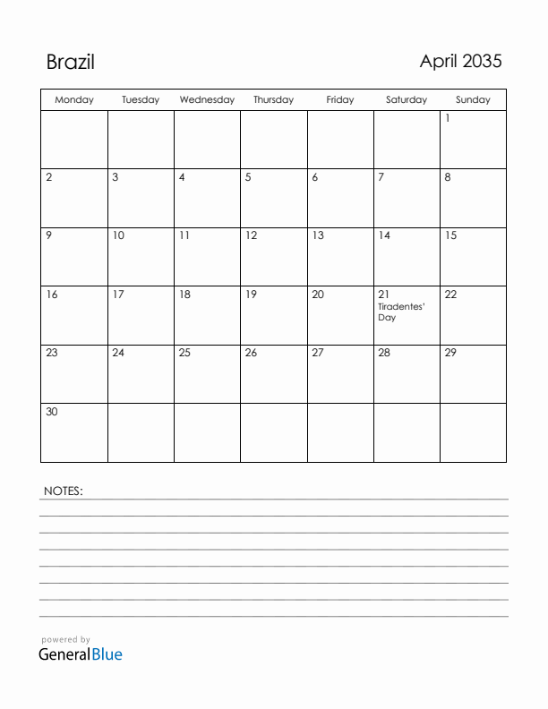 April 2035 Brazil Calendar with Holidays (Monday Start)