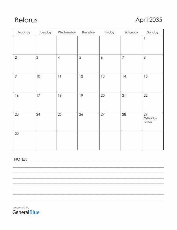 April 2035 Belarus Calendar with Holidays (Monday Start)