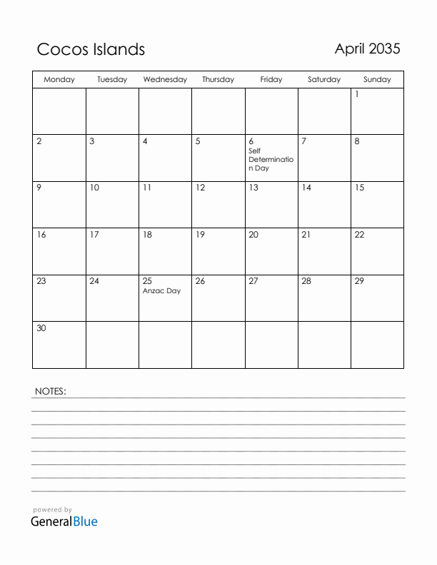 April 2035 Cocos Islands Calendar with Holidays (Monday Start)