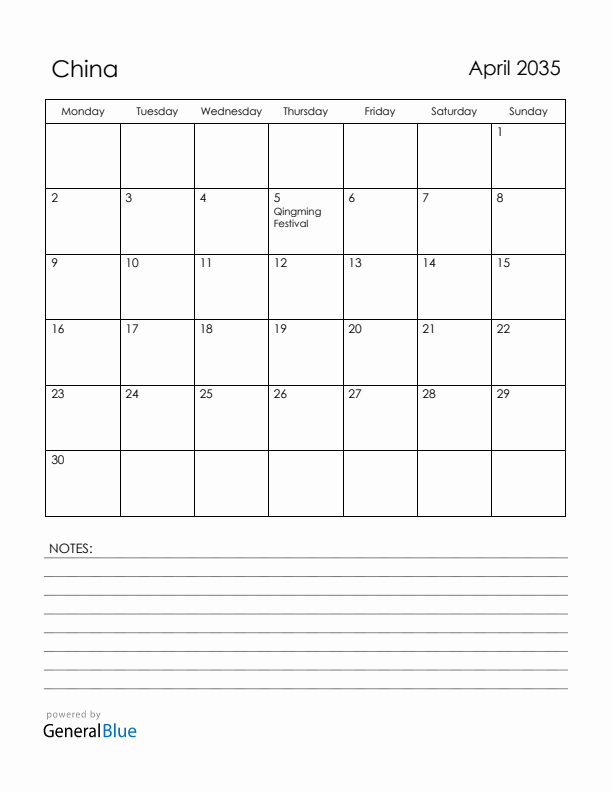 April 2035 China Calendar with Holidays (Monday Start)