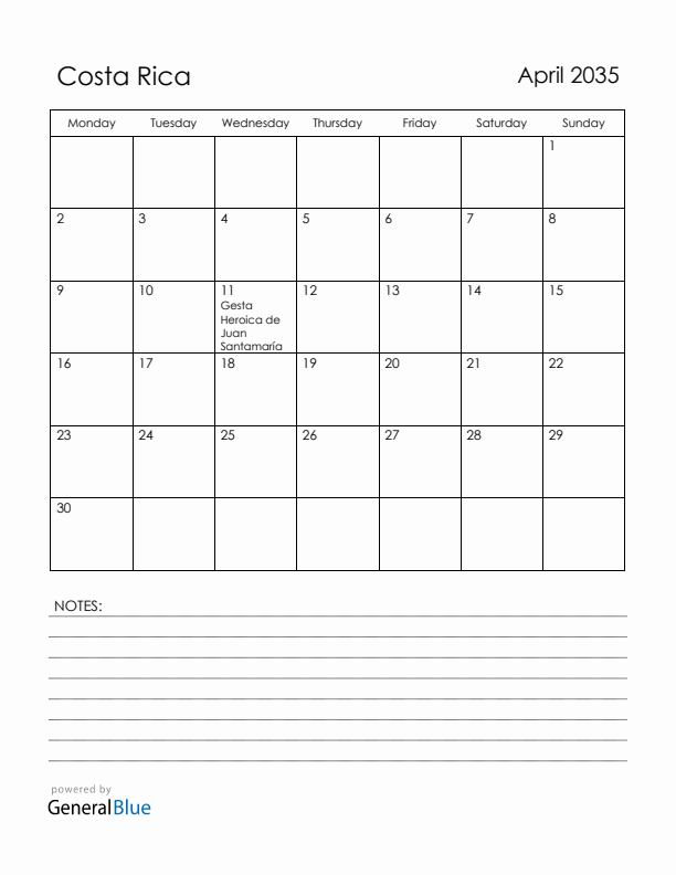 April 2035 Costa Rica Calendar with Holidays (Monday Start)