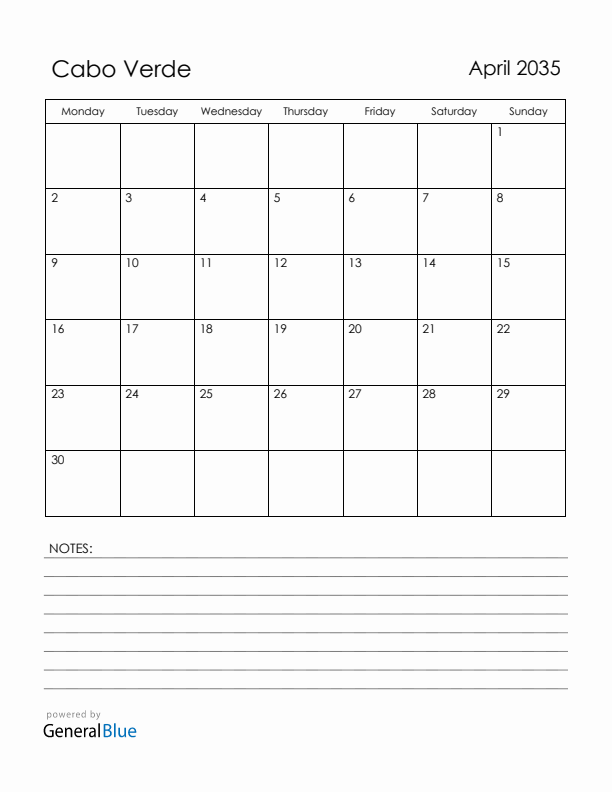 April 2035 Cabo Verde Calendar with Holidays (Monday Start)