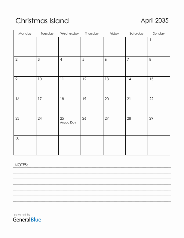 April 2035 Christmas Island Calendar with Holidays (Monday Start)