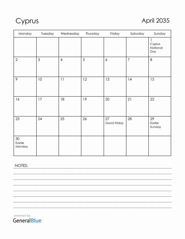 April 2035 Cyprus Calendar with Holidays (Monday Start)