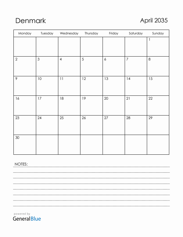 April 2035 Denmark Calendar with Holidays (Monday Start)