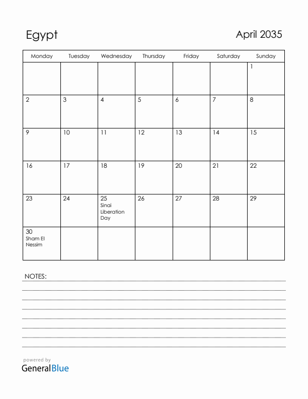 April 2035 Egypt Calendar with Holidays (Monday Start)