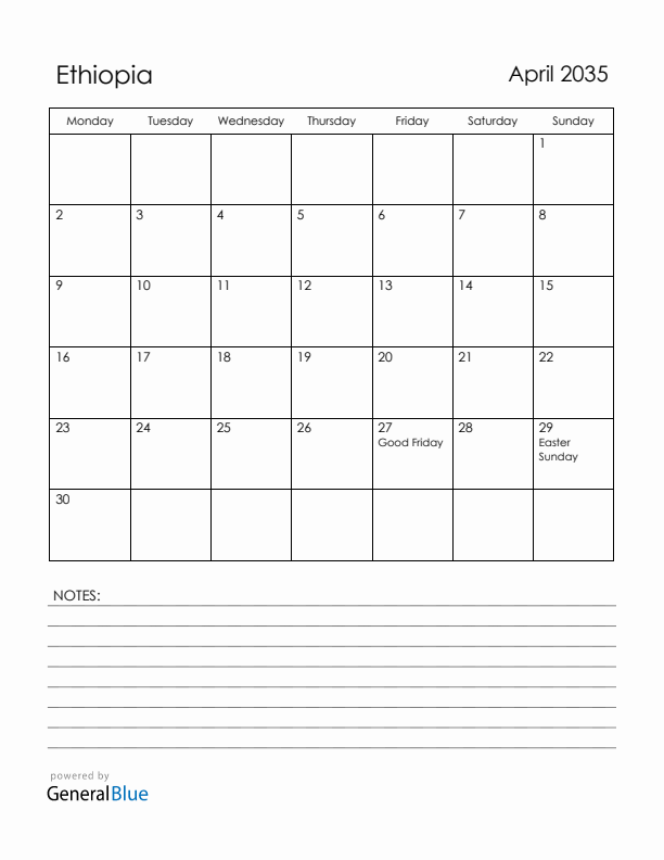 April 2035 Ethiopia Calendar with Holidays (Monday Start)
