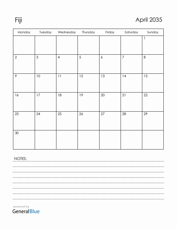 April 2035 Fiji Calendar with Holidays (Monday Start)