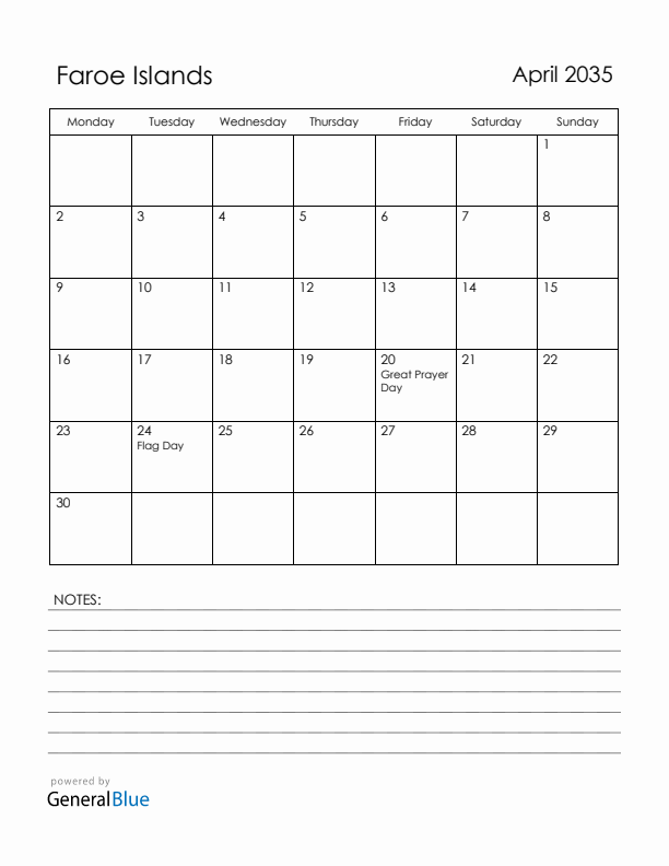 April 2035 Faroe Islands Calendar with Holidays (Monday Start)