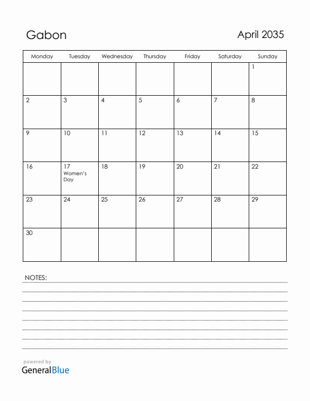 April 2035 Gabon Calendar with Holidays (Monday Start)
