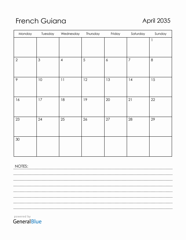 April 2035 French Guiana Calendar with Holidays (Monday Start)