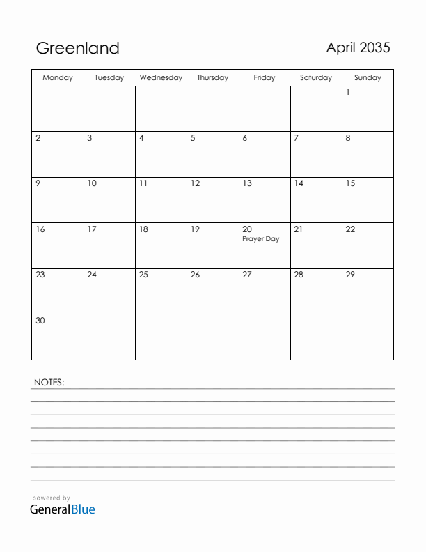 April 2035 Greenland Calendar with Holidays (Monday Start)