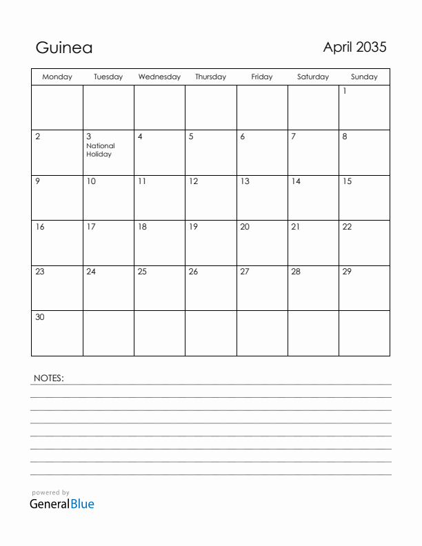 April 2035 Guinea Calendar with Holidays (Monday Start)