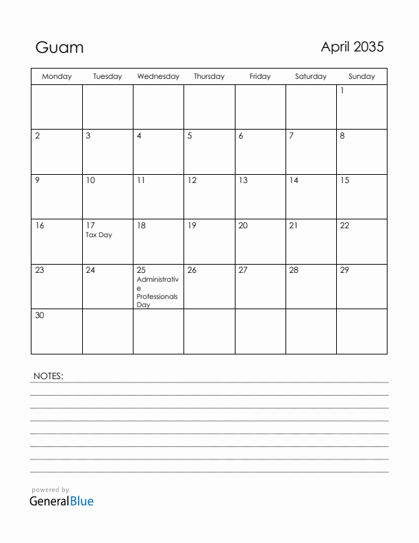 April 2035 Guam Calendar with Holidays (Monday Start)