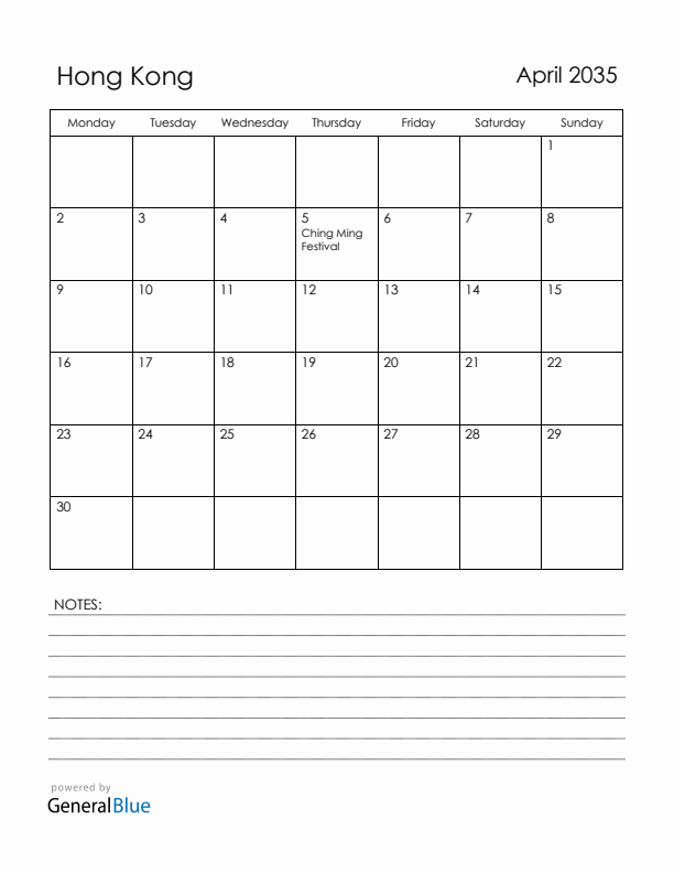 April 2035 Hong Kong Calendar with Holidays (Monday Start)