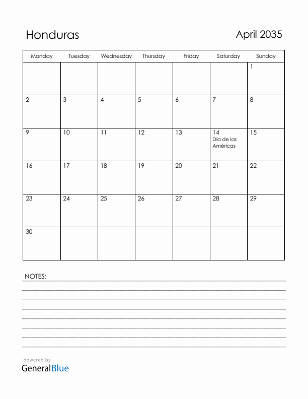 April 2035 Honduras Calendar with Holidays (Monday Start)