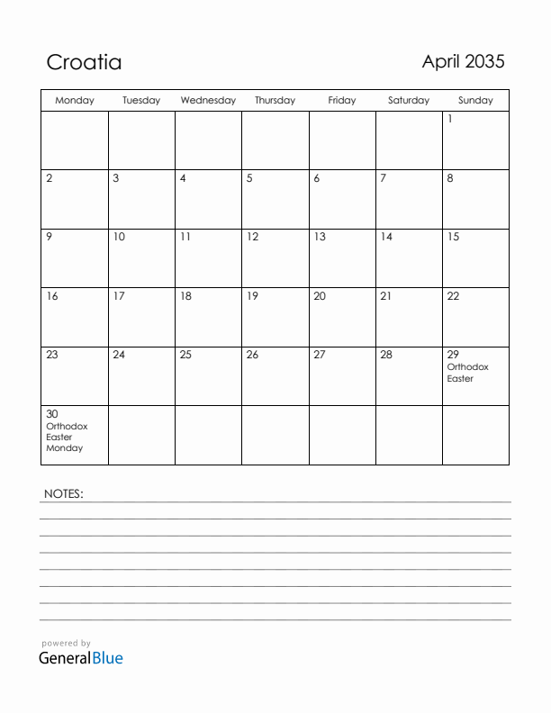 April 2035 Croatia Calendar with Holidays (Monday Start)