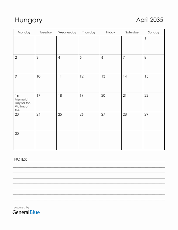 April 2035 Hungary Calendar with Holidays (Monday Start)