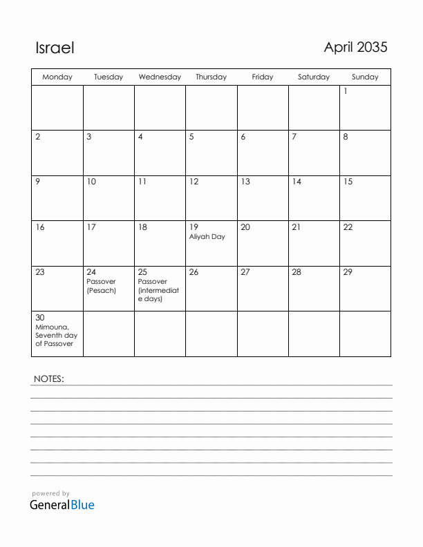April 2035 Israel Calendar with Holidays (Monday Start)