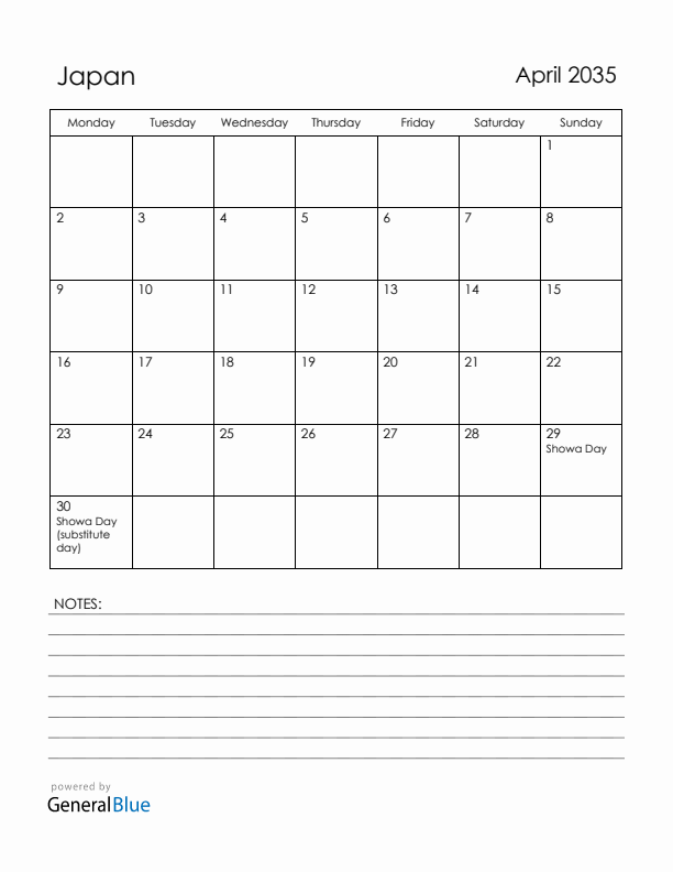 April 2035 Japan Calendar with Holidays (Monday Start)