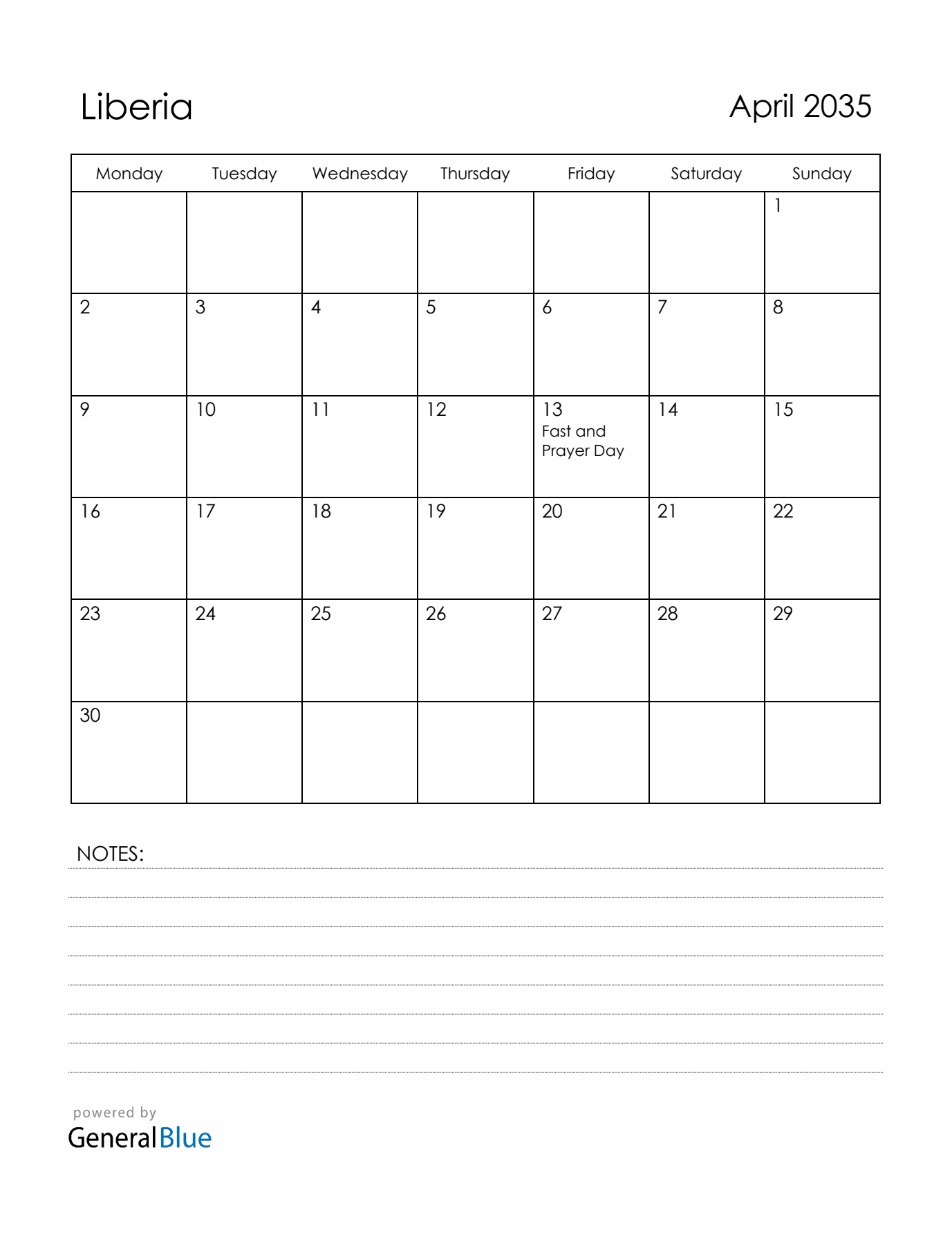 April 2035 Liberia Calendar with Holidays (Monday Start)