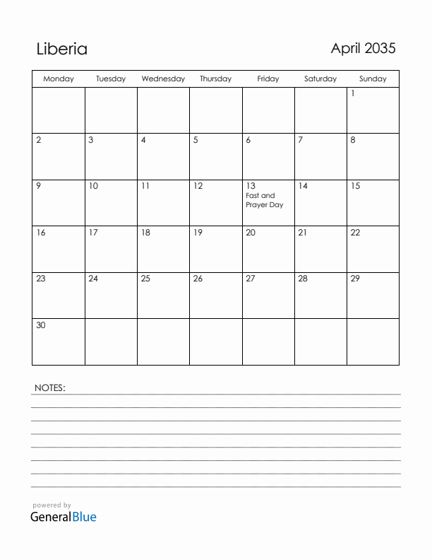 April 2035 Liberia Calendar with Holidays (Monday Start)