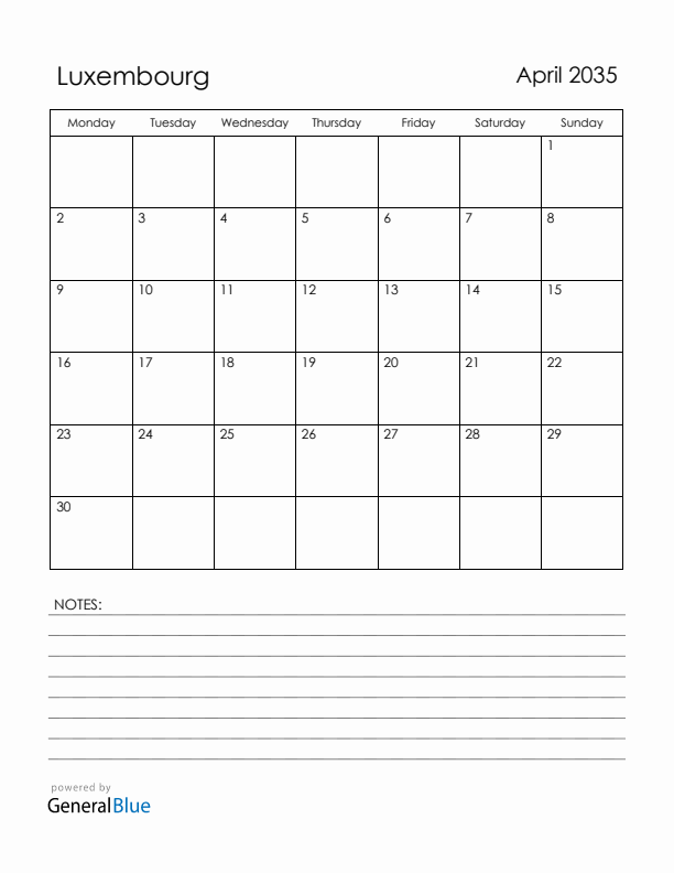 April 2035 Luxembourg Calendar with Holidays (Monday Start)