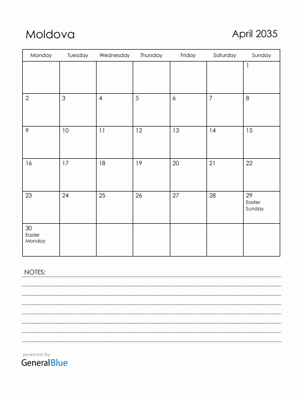 April 2035 Moldova Calendar with Holidays (Monday Start)