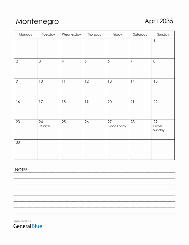 April 2035 Montenegro Calendar with Holidays (Monday Start)