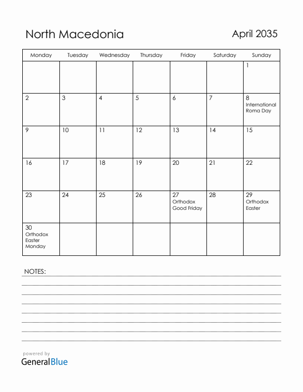 April 2035 North Macedonia Calendar with Holidays (Monday Start)