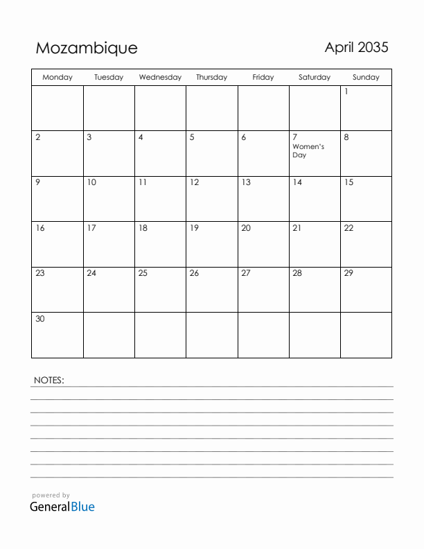 April 2035 Mozambique Calendar with Holidays (Monday Start)