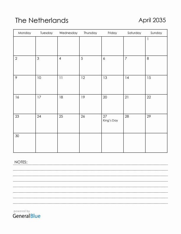 April 2035 The Netherlands Calendar with Holidays (Monday Start)