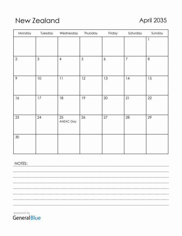 April 2035 New Zealand Calendar with Holidays (Monday Start)