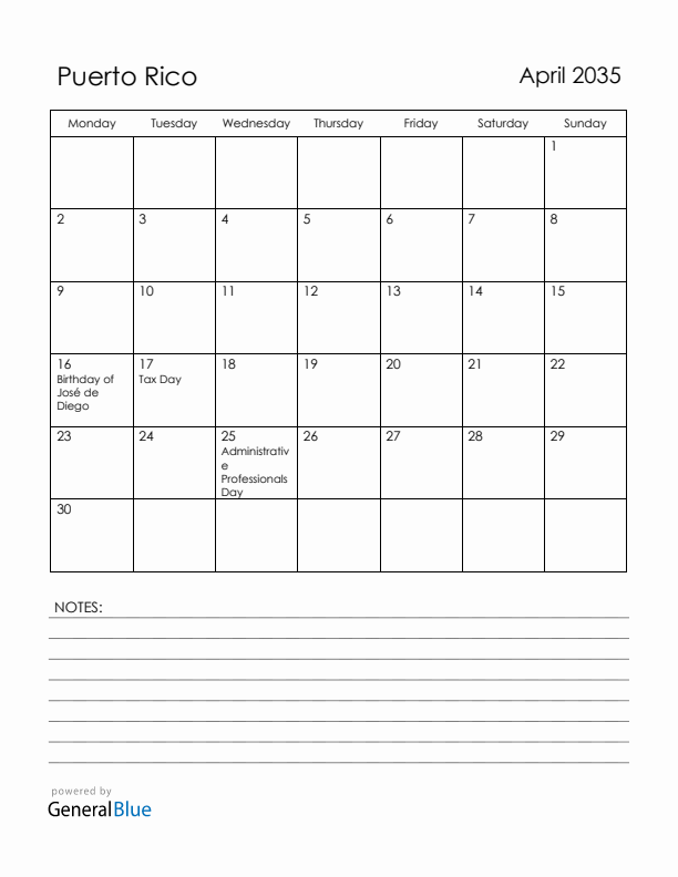 April 2035 Puerto Rico Calendar with Holidays (Monday Start)
