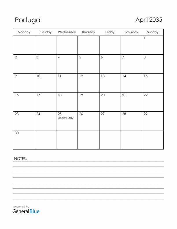 April 2035 Portugal Calendar with Holidays (Monday Start)