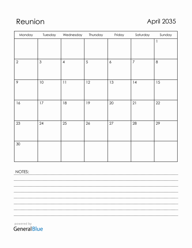 April 2035 Reunion Calendar with Holidays (Monday Start)