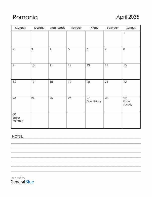 April 2035 Romania Calendar with Holidays (Monday Start)