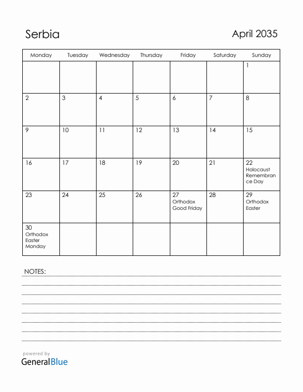 April 2035 Serbia Calendar with Holidays (Monday Start)