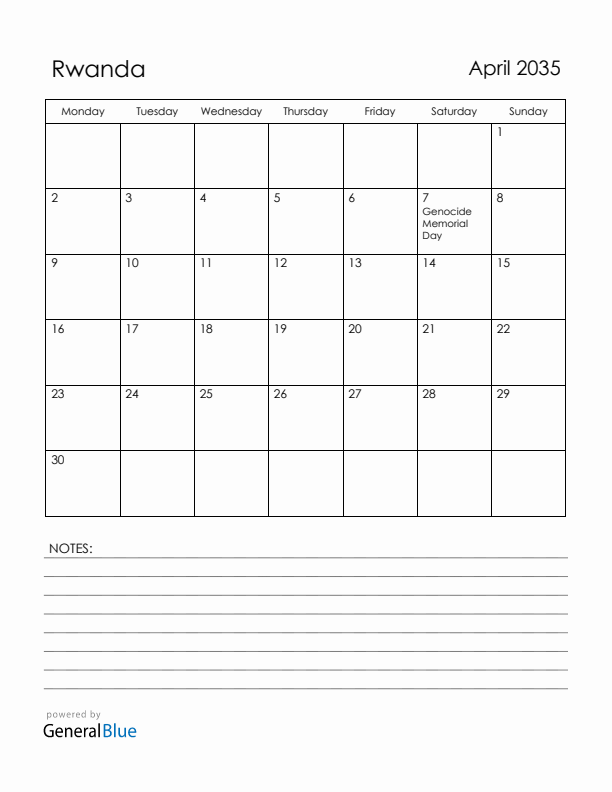April 2035 Rwanda Calendar with Holidays (Monday Start)