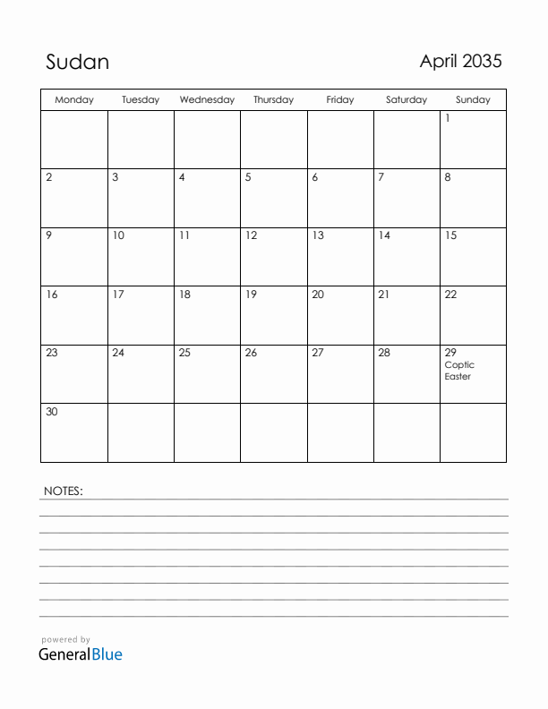 April 2035 Sudan Calendar with Holidays (Monday Start)