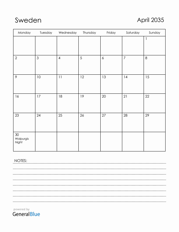 April 2035 Sweden Calendar with Holidays (Monday Start)
