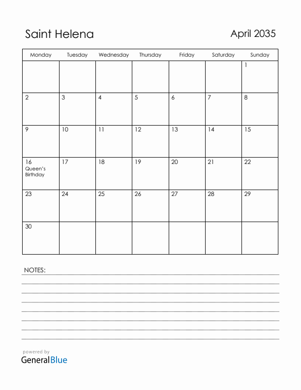 April 2035 Saint Helena Calendar with Holidays (Monday Start)
